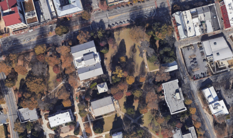 aerial view of campus buildings